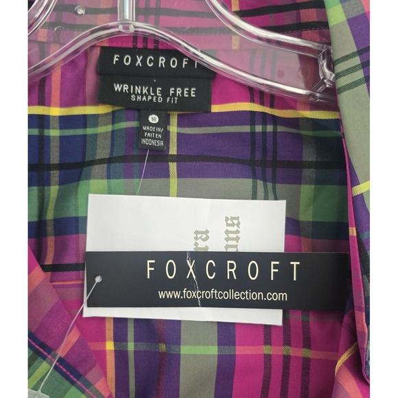 Foxcroft Button Up 3/4 Sleeve Collar Plaid Print Top Pink Multicolor 16 - Picture 4 of 7